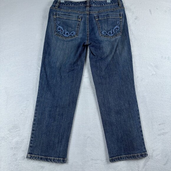 Ann Taylor Straight Jeans Slim Fit Lower On Waist Embroidered Back Women 0P Blue - Picture 2 of 12